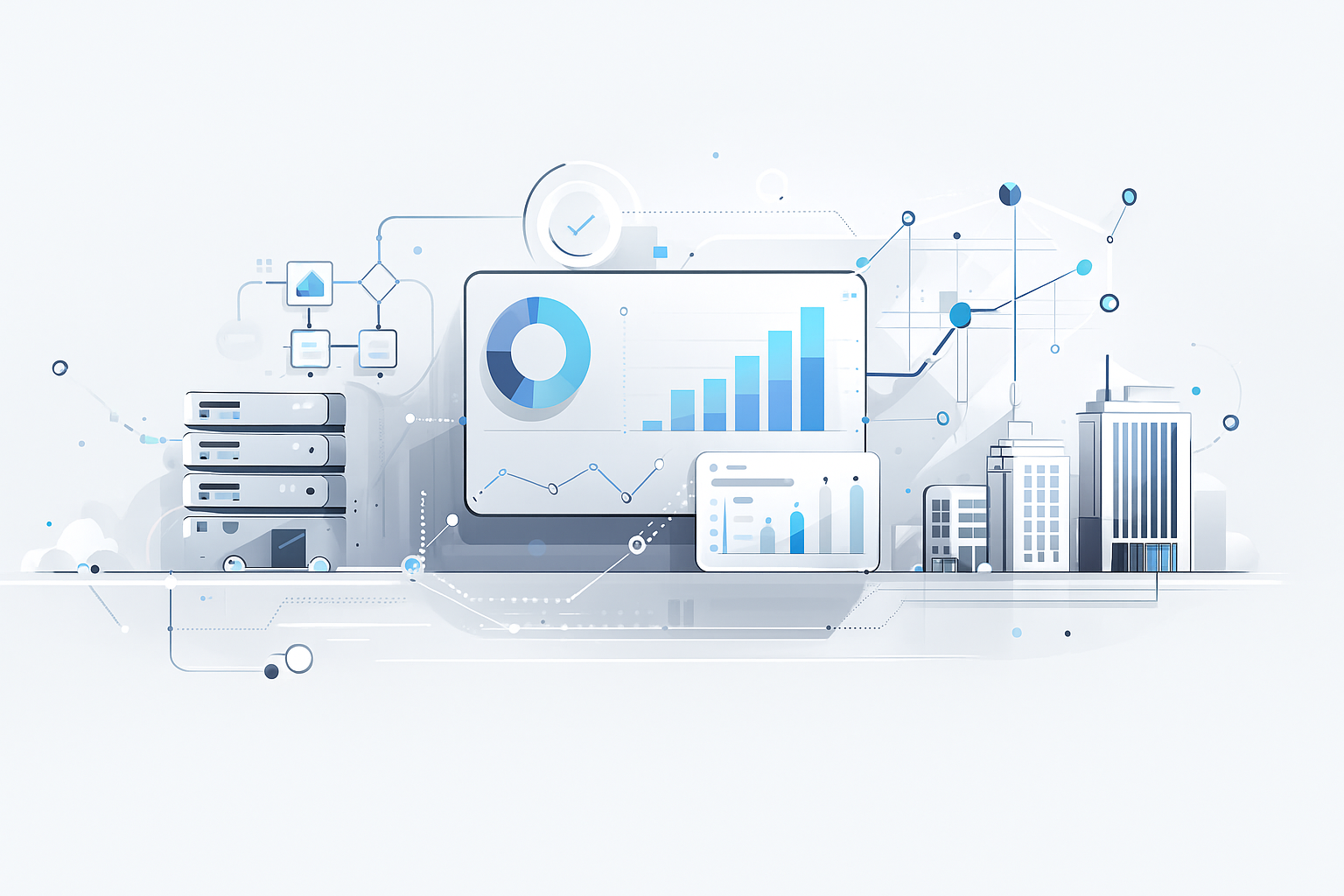 Ilustración abstracta de consultoría tecnológica y procesos de negocio